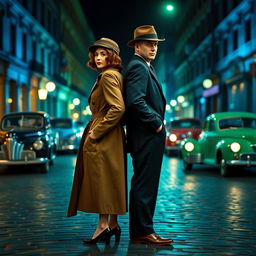 In a full-body view from head to feet, a 1940s detective pair, a stylish woman and a dapper man, stands back-to-back on a street infused with blue and green colors