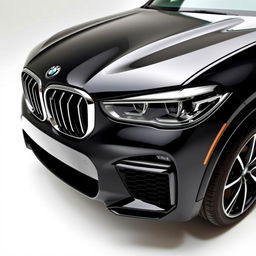 A stunning black BMW XM portrayed from the front, focusing on its aggressive stance and iconic kidney grille