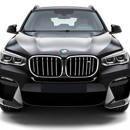 A stunning black BMW XM portrayed from the front, focusing on its aggressive stance and iconic kidney grille