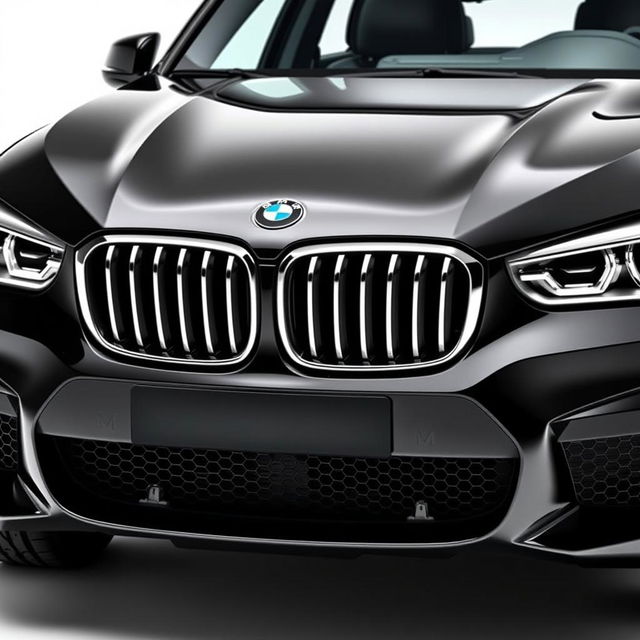 A stunning black BMW XM portrayed from the front, focusing on its aggressive stance and iconic kidney grille