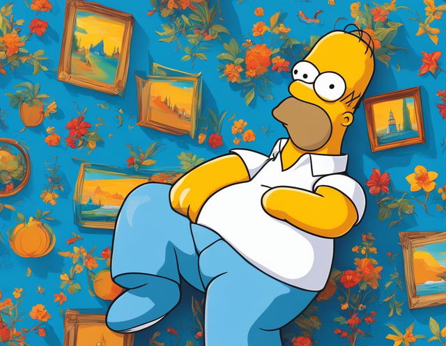 A vibrant portrait of Homer Simpson in his iconic white shirt and blue pants against a serene blue background.