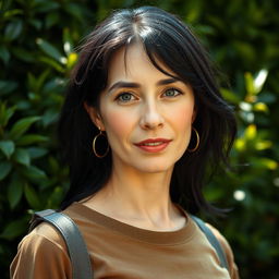 A 42-year-old woman with pale skin and black hair, exhibiting European features