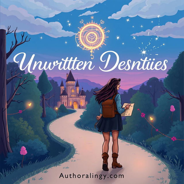 A light-hearted fantasy romance novel cover titled 'Unwritten Destinies' featuring a whimsical winding forest path at dusk, leading toward a charming, magical castle brightly illuminated by warm, inviting lights