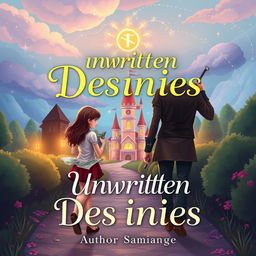 A light-hearted fantasy romance novel cover titled 'Unwritten Destinies' featuring a whimsical winding forest path at dusk, leading toward a charming, magical castle brightly illuminated by warm, inviting lights