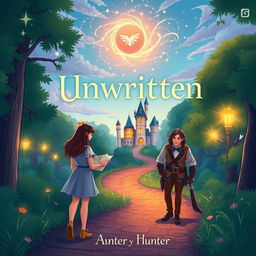 A light-hearted fantasy romance novel cover titled 'Unwritten Destinies' featuring a whimsical winding forest path at dusk, leading toward a charming, magical castle brightly illuminated by warm, inviting lights