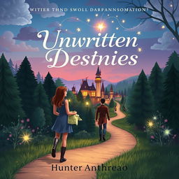 A light-hearted fantasy romance novel cover titled 'Unwritten Destinies' featuring a whimsical winding forest path at dusk, leading toward a charming, magical castle brightly illuminated by warm, inviting lights