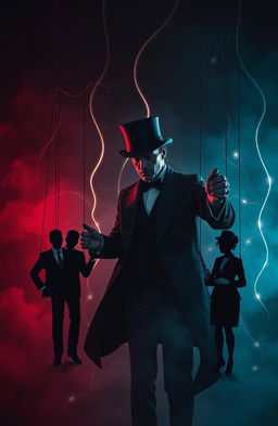 A visually striking representation of the concept of mind control and influence, depicting a puppet master in a dramatic, shadowy environment