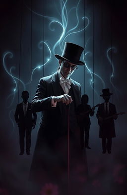 A visually striking representation of the concept of mind control and influence, depicting a puppet master in a dramatic, shadowy environment