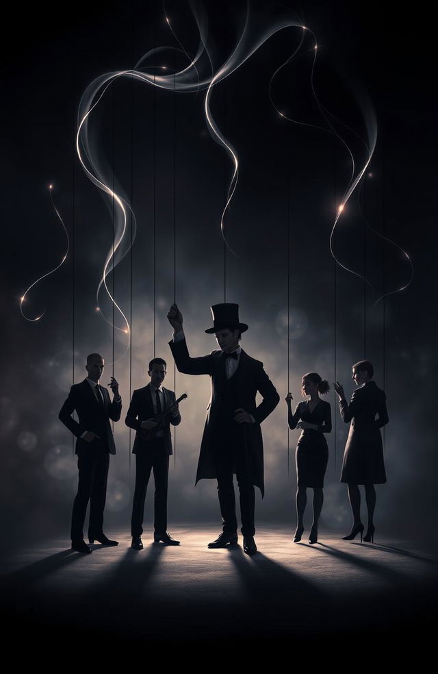 A visually striking representation of the concept of mind control and influence, depicting a puppet master in a dramatic, shadowy environment