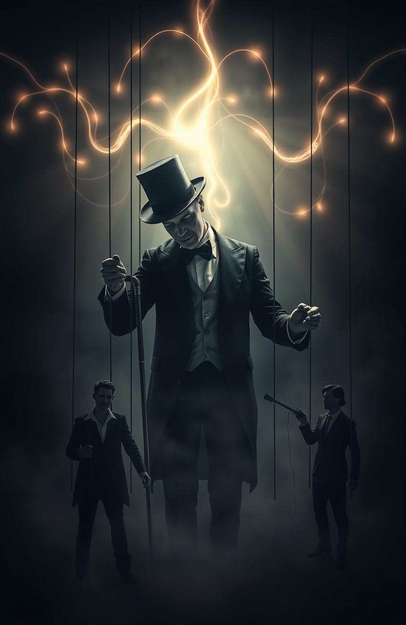 A visually striking representation of the concept of mind control and influence, depicting a puppet master in a dramatic, shadowy environment
