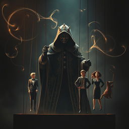 A visually striking and metaphorical representation of the concept of mind control and influence, depicting a theatrical puppet master in a dramatic, shadowy environment