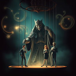A visually striking and metaphorical representation of the concept of mind control and influence, depicting a theatrical puppet master in a dramatic, shadowy environment