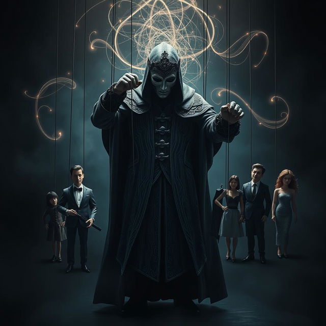 A visually striking and metaphorical representation of the concept of mind control and influence, depicting a theatrical puppet master in a dramatic, shadowy environment