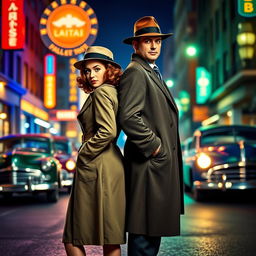In a full-body view from head to feet, a 1940s detective pair, a stylish woman and a dapper man, stand back-to-back on a street characterized by vibrant blue and green ambiance