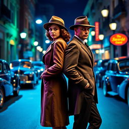 In a full-body view from head to feet, a 1940s detective pair, a stylish woman and a dapper man, stand back-to-back on a street characterized by vibrant blue and green ambiance