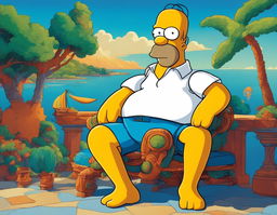 A vibrant portrait of Homer Simpson in his iconic white shirt and blue pants against a serene blue background.