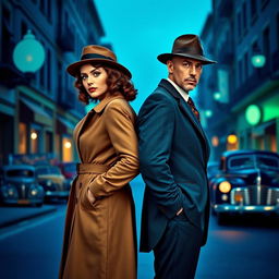 In a full-body view from head to feet, a 1940s detective pair, a stylish woman and a dapper man, stand back-to-back on a street characterized by vibrant blue and green ambiance
