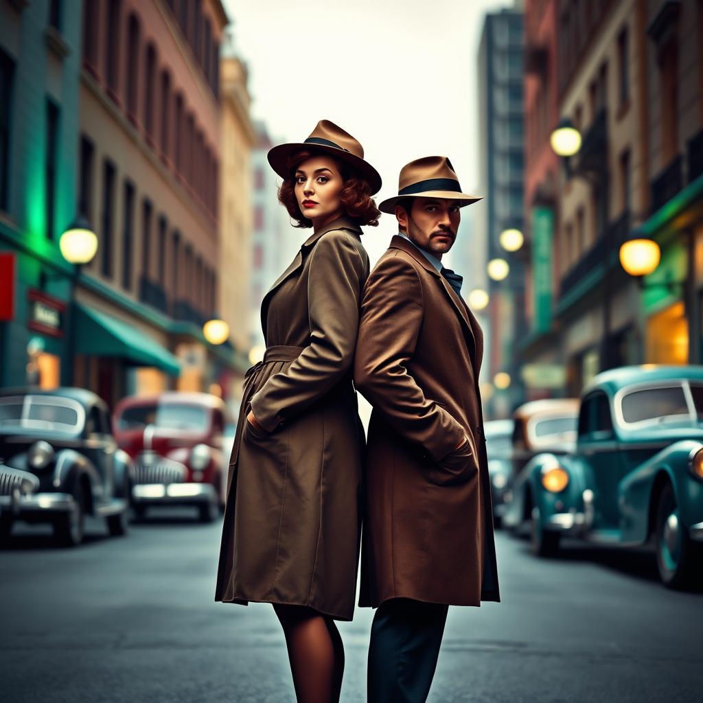 In a full-body view from head to feet, a 1940s detective pair, a stylish woman and a dapper man, stand back-to-back on a street characterized by vibrant blue and green ambiance