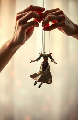 An abstract representation of manipulation featuring hands gently guiding strings attached to a floating marionette, ethereal light casting soft shadows