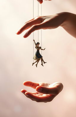 An abstract representation of manipulation featuring hands gently guiding strings attached to a floating marionette, ethereal light casting soft shadows
