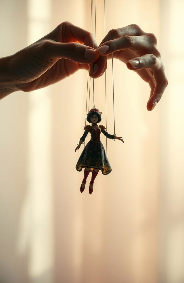 An abstract representation of manipulation featuring hands gently guiding strings attached to a floating marionette, ethereal light casting soft shadows