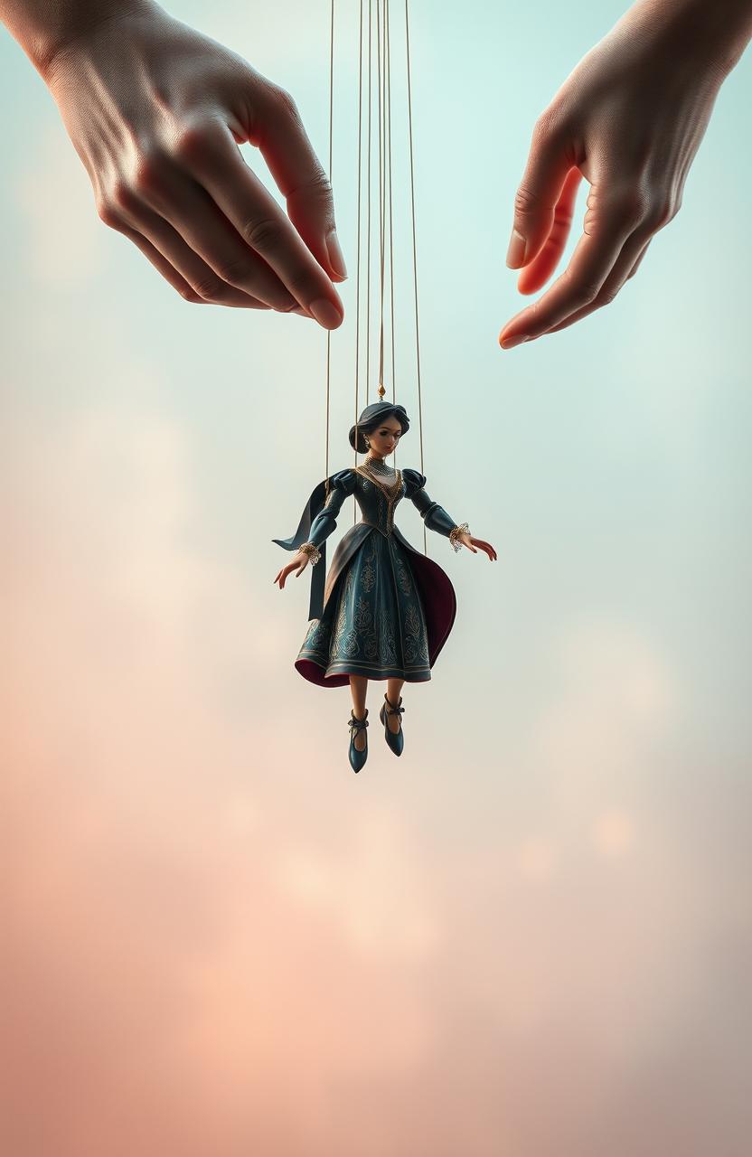 An abstract representation of manipulation featuring hands gently guiding strings attached to a floating marionette, ethereal light casting soft shadows