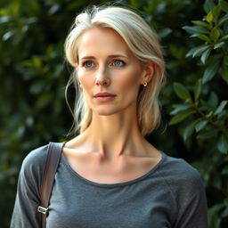 A 42-year-old woman with pale skin and light blonde hair, exhibiting European features