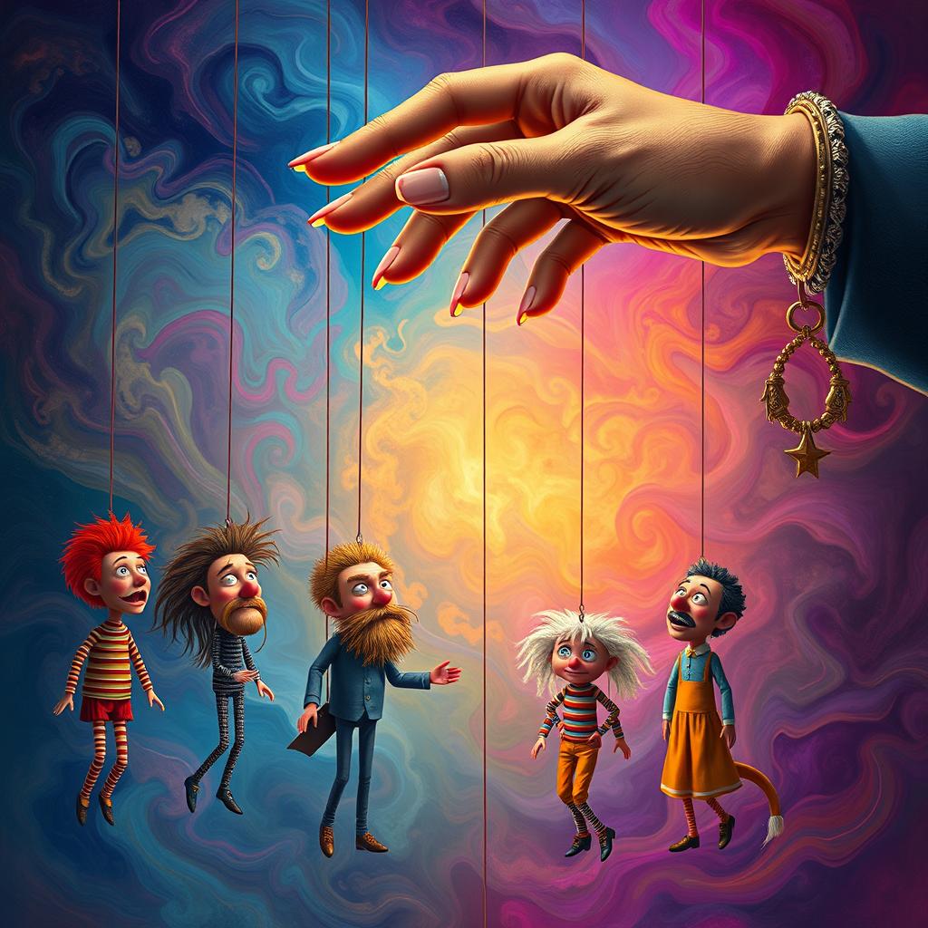 An abstract illustration of manipulation showcasing a surreal scene with a giant hand gently pulling strings attached to various puppets