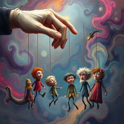 An abstract illustration of manipulation showcasing a surreal scene with a giant hand gently pulling strings attached to various puppets