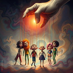 An abstract illustration of manipulation showcasing a surreal scene with a giant hand gently pulling strings attached to various puppets