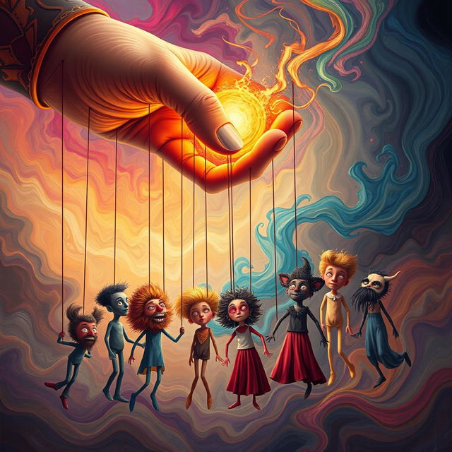 An abstract illustration of manipulation showcasing a surreal scene with a giant hand gently pulling strings attached to various puppets