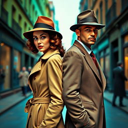 A detective pair from the 1940s, a fashionable woman and a sharp-dressed man, standing back-to-back in a vibrant street awash with blue and green hues