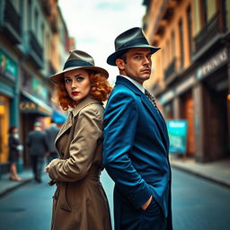 A detective pair from the 1940s, a fashionable woman and a sharp-dressed man, standing back-to-back in a vibrant street awash with blue and green hues
