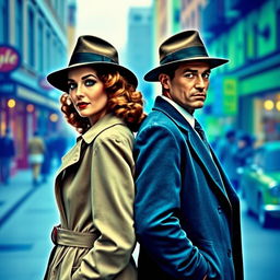 A detective pair from the 1940s, a fashionable woman and a sharp-dressed man, standing back-to-back in a vibrant street awash with blue and green hues
