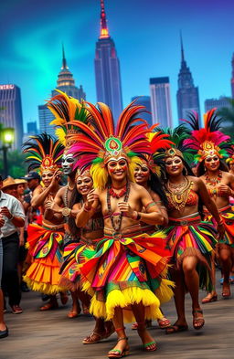 A vibrant Caribbean masquerade scene set in North America, showcasing traditional costumes with colorful masks and elaborate headdresses