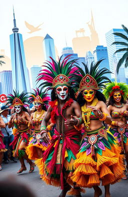A vibrant Caribbean masquerade scene set in North America, showcasing traditional costumes with colorful masks and elaborate headdresses