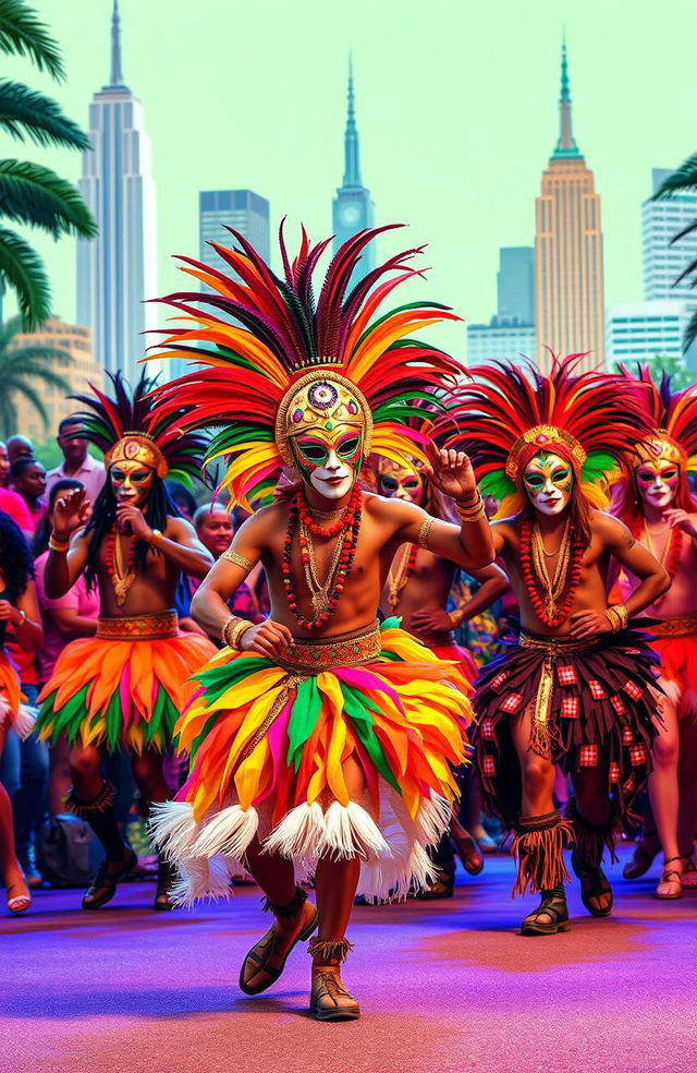 A vibrant Caribbean masquerade scene set in North America, showcasing traditional costumes with colorful masks and elaborate headdresses