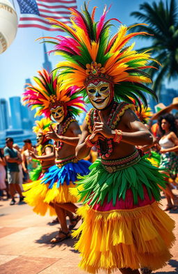 A vibrant Caribbean masquerade scene set in North America, showcasing traditional costumes with colorful masks and elaborate headdresses