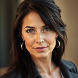 A woman aged 35-45 years with dark hair, dressed stylishly