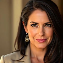 A woman aged 35-45 years with dark hair, dressed stylishly