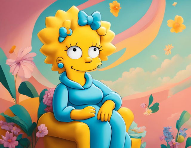 A vibrant portrait of Maggie Simpson in her iconic blue onesie against a serene pastel background.