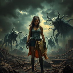 An intense apocalyptic scene focused on a strong female character standing amidst a dystopian landscape devastated by a mysterious virus