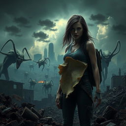 An intense apocalyptic scene focused on a strong female character standing amidst a dystopian landscape devastated by a mysterious virus