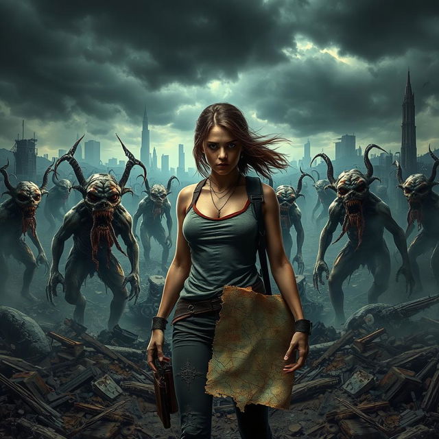 An intense apocalyptic scene focused on a strong female character standing amidst a dystopian landscape devastated by a mysterious virus