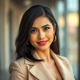 A 35-year-old woman with gorgeous black hair and a beautiful Latina appearance, showcasing an elegant and confident demeanor