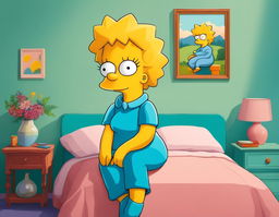 A vibrant portrait of Maggie Simpson in her iconic blue onesie against a serene pastel background.