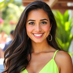 A portrait of Laura, a confident 25-year-old woman with long, wavy dark hair cascading down her shoulders