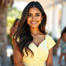 A portrait of Laura, a confident 25-year-old woman with long, wavy dark hair cascading down her shoulders