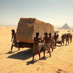 An engaging scene illustrating ancient Egyptian workers employing logs to transport large stone blocks across the sandy terrain