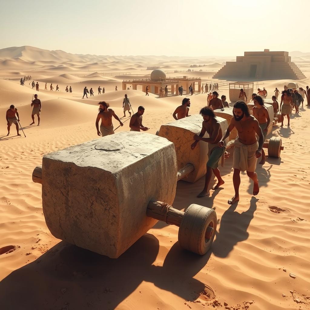 An engaging scene illustrating ancient Egyptian workers employing logs to transport large stone blocks across the sandy terrain